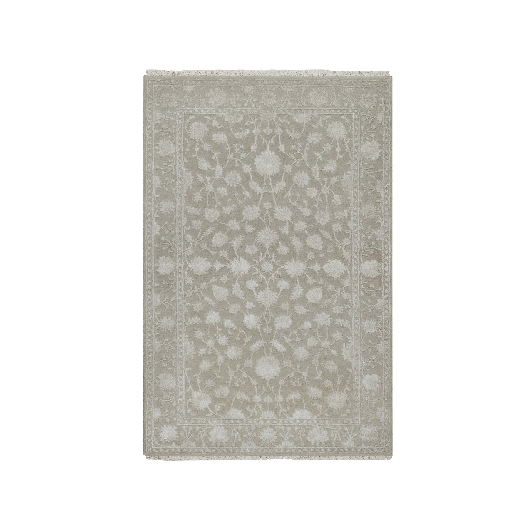 Stone Gray, Hand Knotted, Light Tone on Tone with Persian Design, Wool and Plant Based Silk, Thick and Plush, 200 KPSI, Oriental Rug